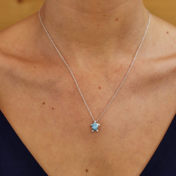 Sterling Silver Small Aqua SW Crystal Turtle Necklace