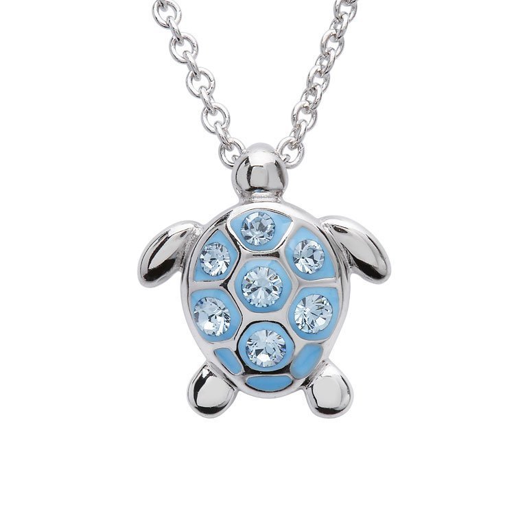 Sterling Silver Small Aqua SW Crystal Turtle Necklace