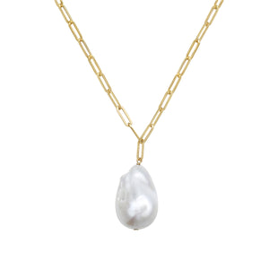14KY Paperclip Chain & Baroque Pearl Pendant