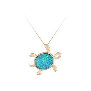 14KY Hawaiian Petroglyph Honu Pendant with Opal Doublet