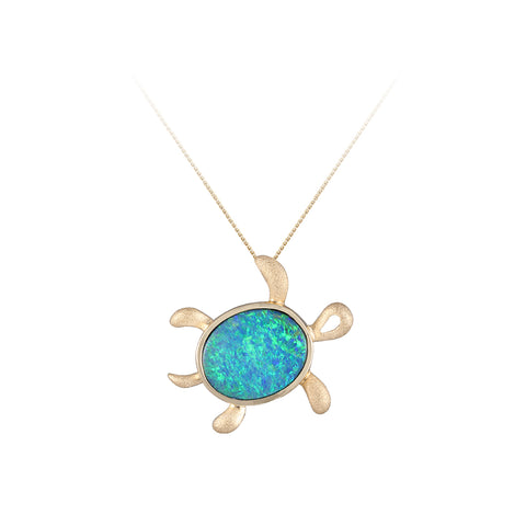 14KY Hawaiian Petroglyph Honu Pendant with Opal Doublet