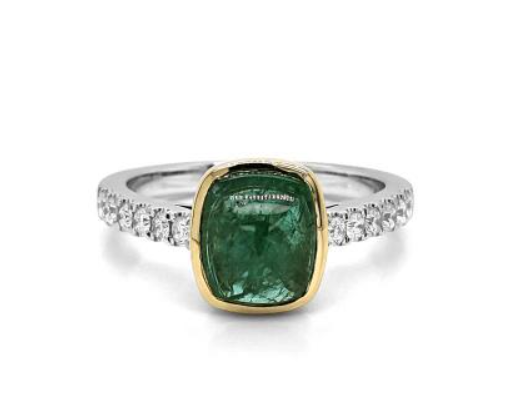 18K Two Tone Sugarloaf Emerald Diamond Ring