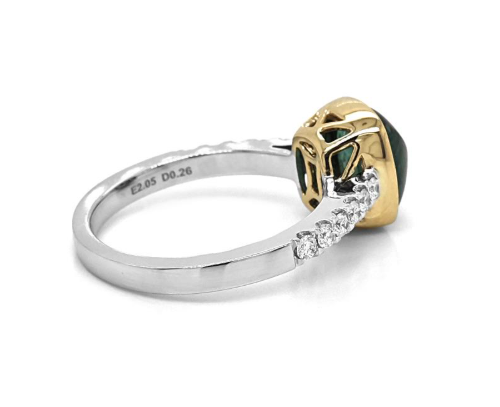18K Two Tone Sugarloaf Emerald Diamond Ring
