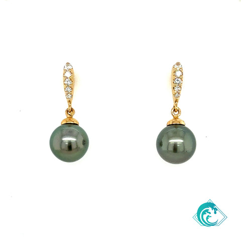 14KY Black Tahitian Pearl & Diamond Earrings