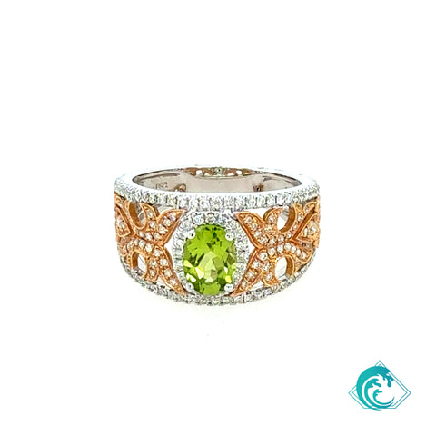 18K Two Tone Peridot Oval Diamond Band
