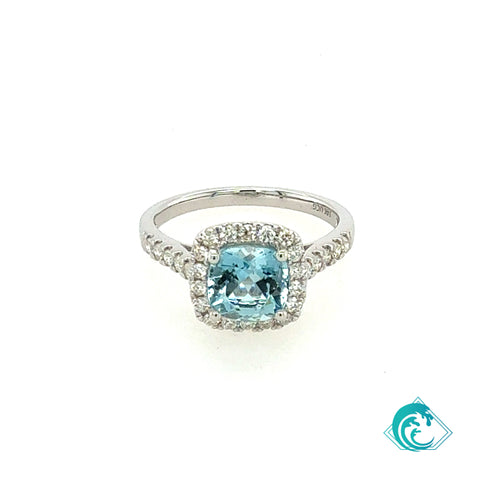 14KW Cushion Cut Aquamarine Diamond Ring