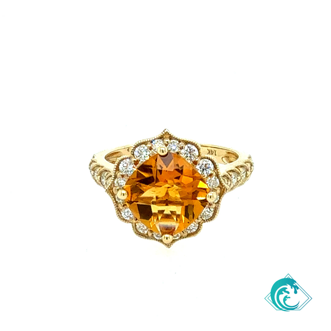 14KY Cushion Cut Citrine Diamond Ring