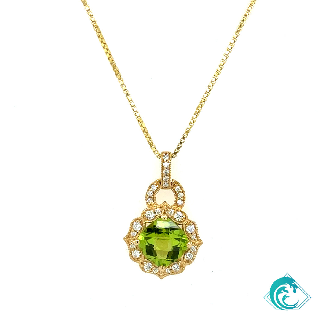 14K Yellow Gold Cushion Peridot Diamond Pendant