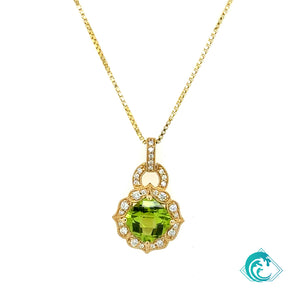 14K Yellow Gold Cushion Peridot Diamond Pendant