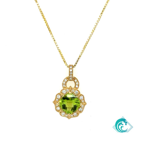 14K Yellow Gold Cushion Peridot Diamond Pendant