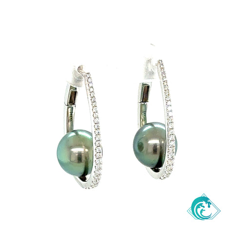 14KW Tahitian Pearl Diamond Holly Hoops