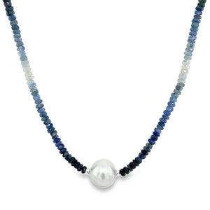 Sterling Beaded Blue Sapphire Ombré & White South Sea Pearl Necklace