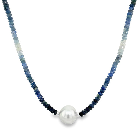 Sterling Beaded Blue Sapphire Ombré & White South Sea Pearl Necklace