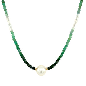 18KY Emerald Ombré Beaded Necklace with White South Sea Pearl