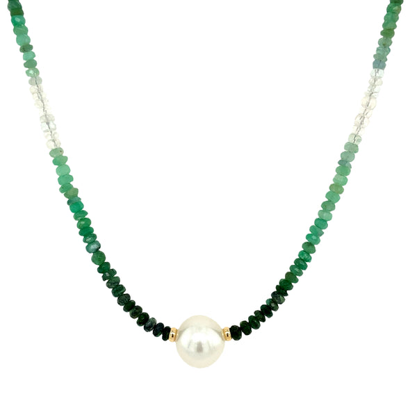 18KY Emerald Ombré Beaded Necklace with White South Sea Pearl