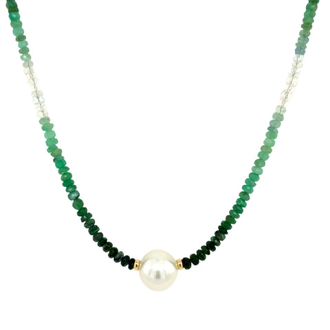 18KY Emerald Ombré Beaded Necklace with White South Sea Pearl