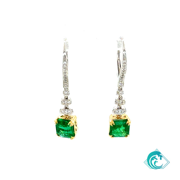 18K Two Tone Zambian Emerald Diamond Earrings