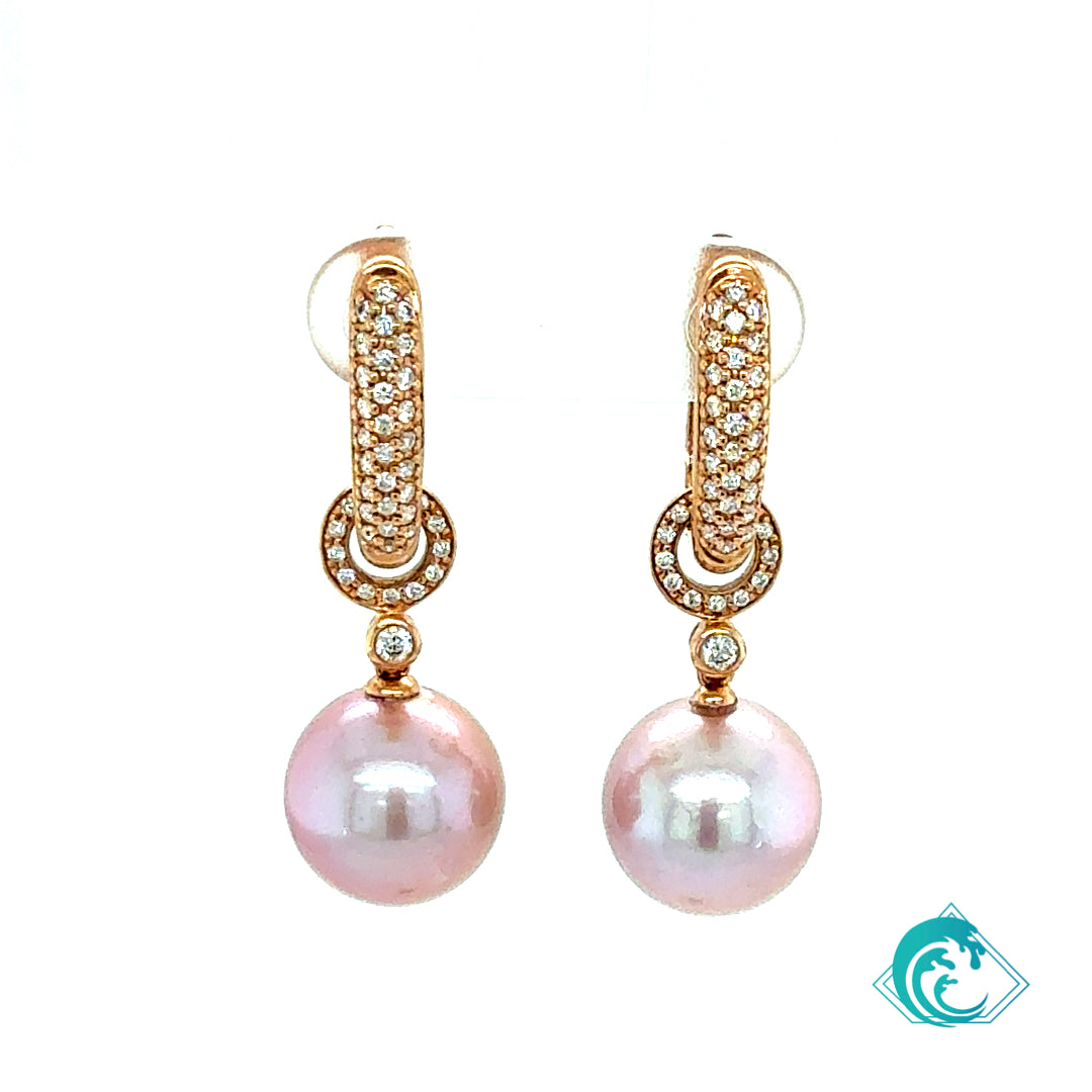 18KR Pink Edison Freshwater Pearl Diamond Earrings