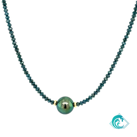 14KY Peacock Tahitian Pearl & Blue Diamond Necklace