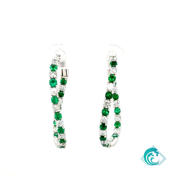 14KW Emerald & Diamond Hoop Earrings