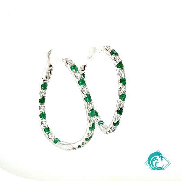 14KW Emerald & Diamond Hoop Earrings
