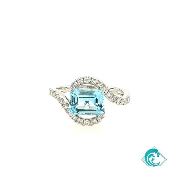 14KW Blue Topaz Diamond Swirl Ring