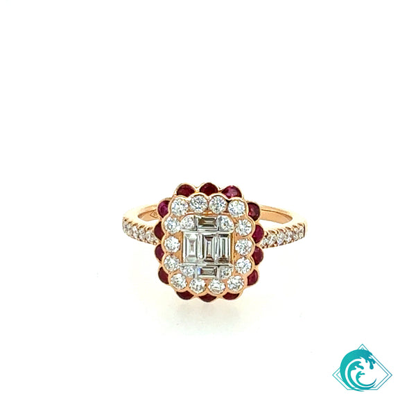 18KY Illusion Diamond Ring with Rubies