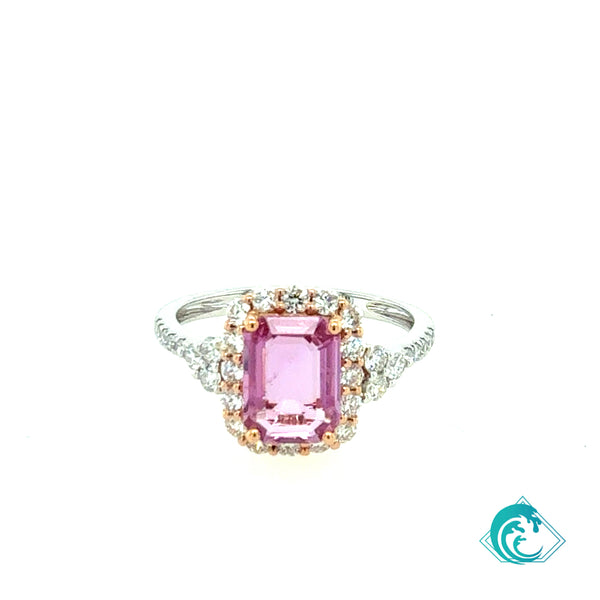 18K Two Tone Pink Sapphire Diamond Ring