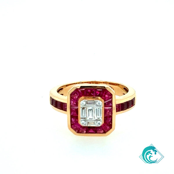 18KY Illusion Diamond and Ruby Ring