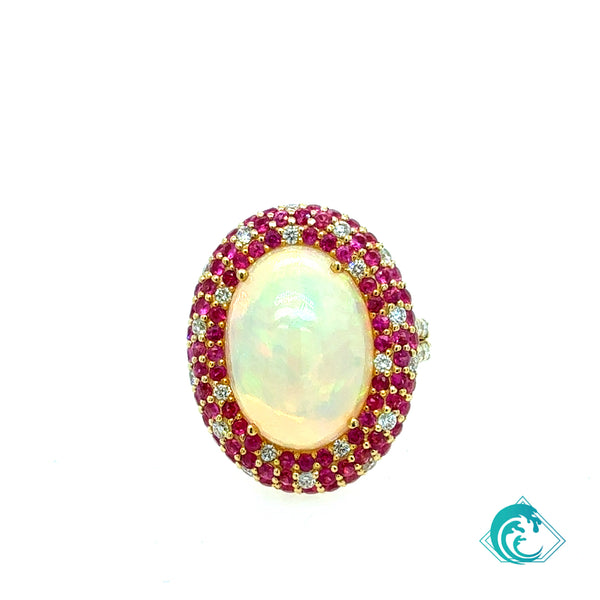 14KY Fancy Opal and Ruby Diamond Ring
