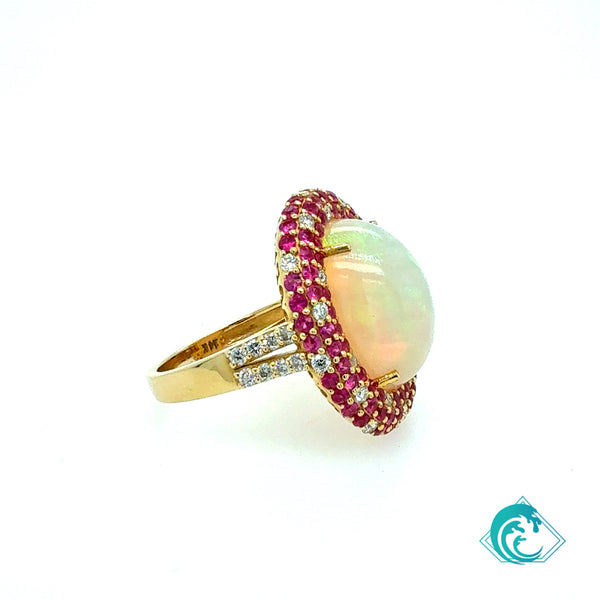 14KY Fancy Opal and Ruby Diamond Ring