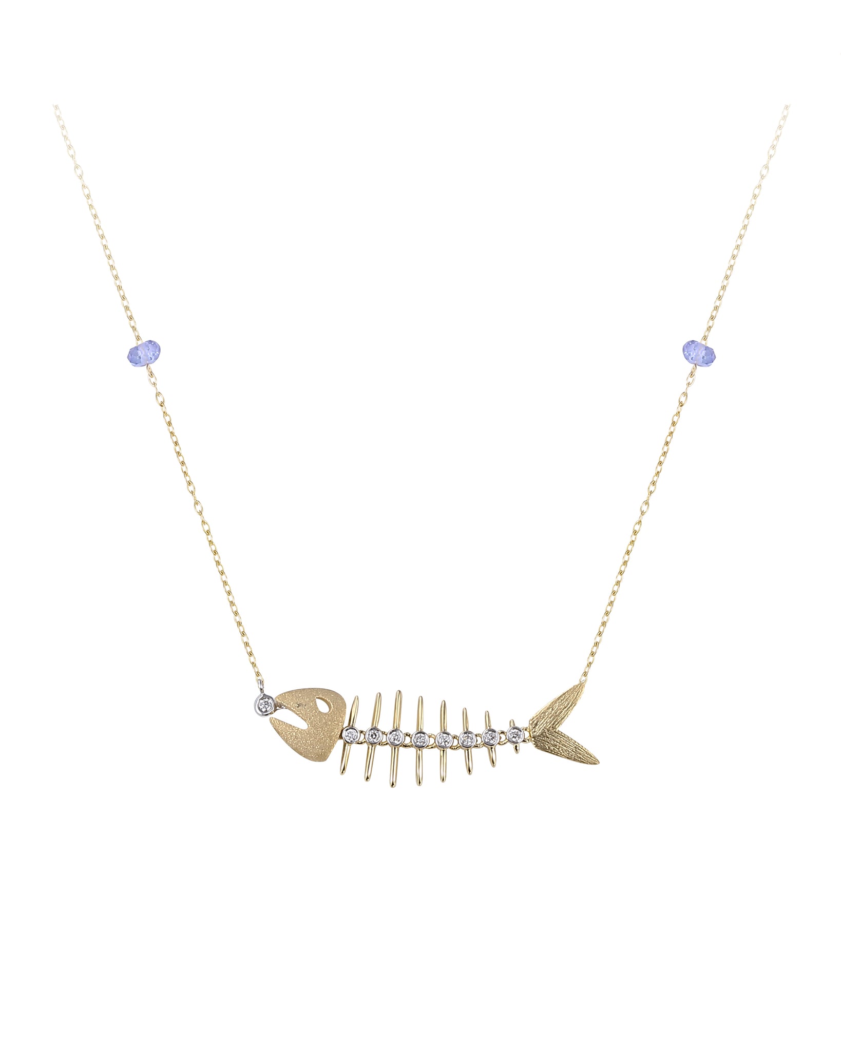 14K Diamond & Tanzanite Fish Bone Necklace