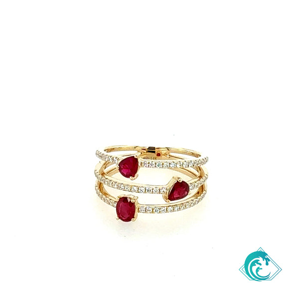 14KY Triple Oval Ruby Diamond Ring