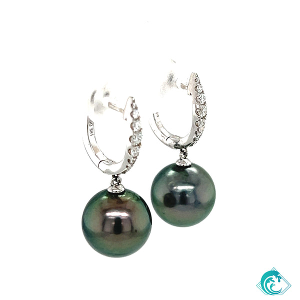 18KW Tahitian Pearl Diamond Hoop Earrings