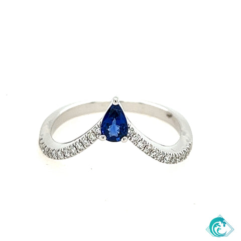 14KW Blue Sapphire Diamond V Ring