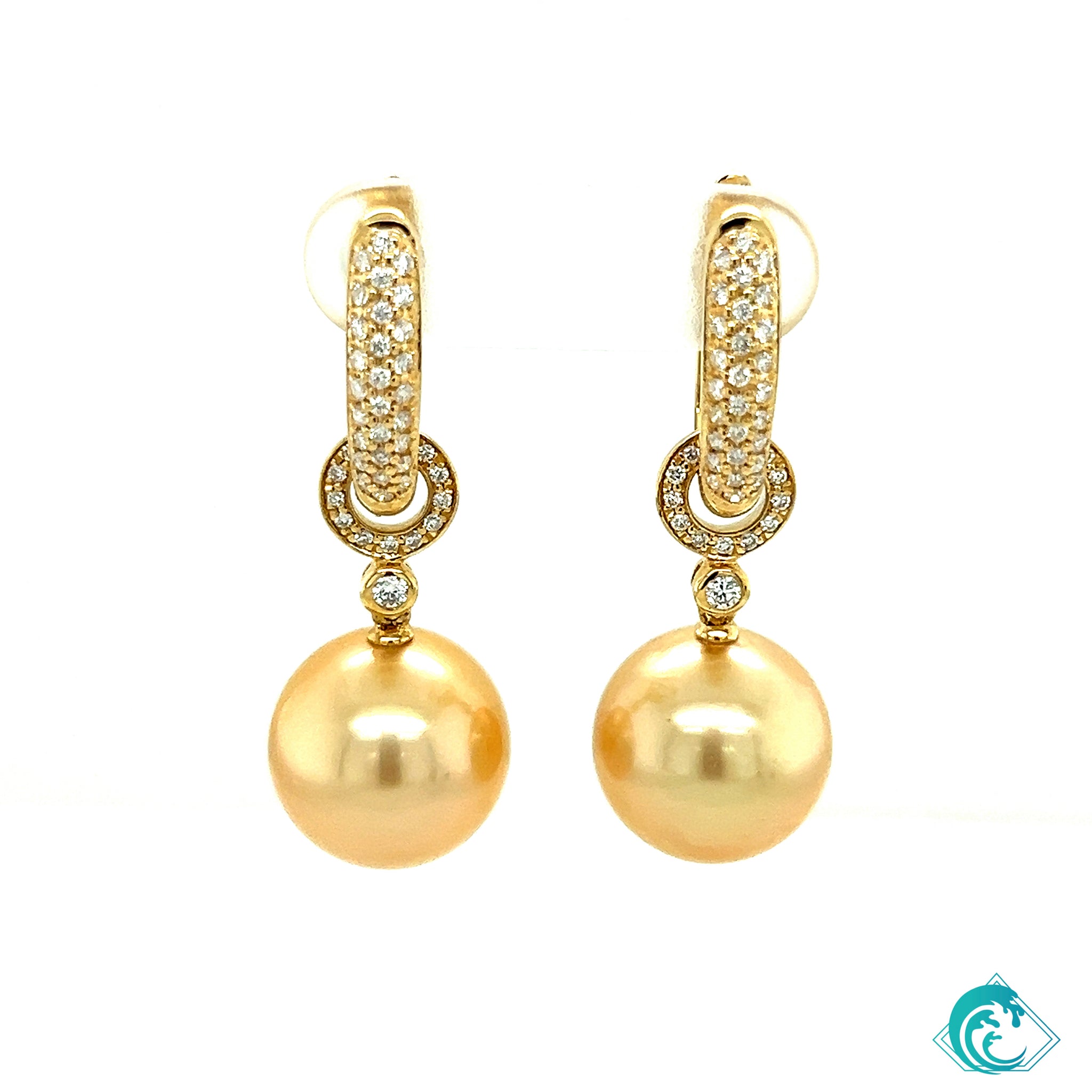 18KY Golden Indonesian Pearl with Pave Diamond Hoop Earrings