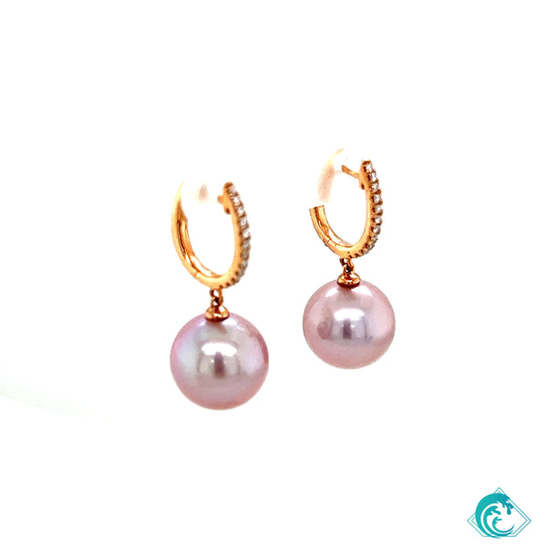 14KR Pink Freshwater Pearl Diamond Hoop Earrings