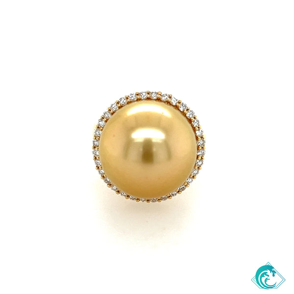 18KY Golden Indonesian Pearl Diamond Halo Ring