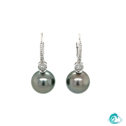 18KW Tahitian Pearl Diamond Lever-Back Earrings