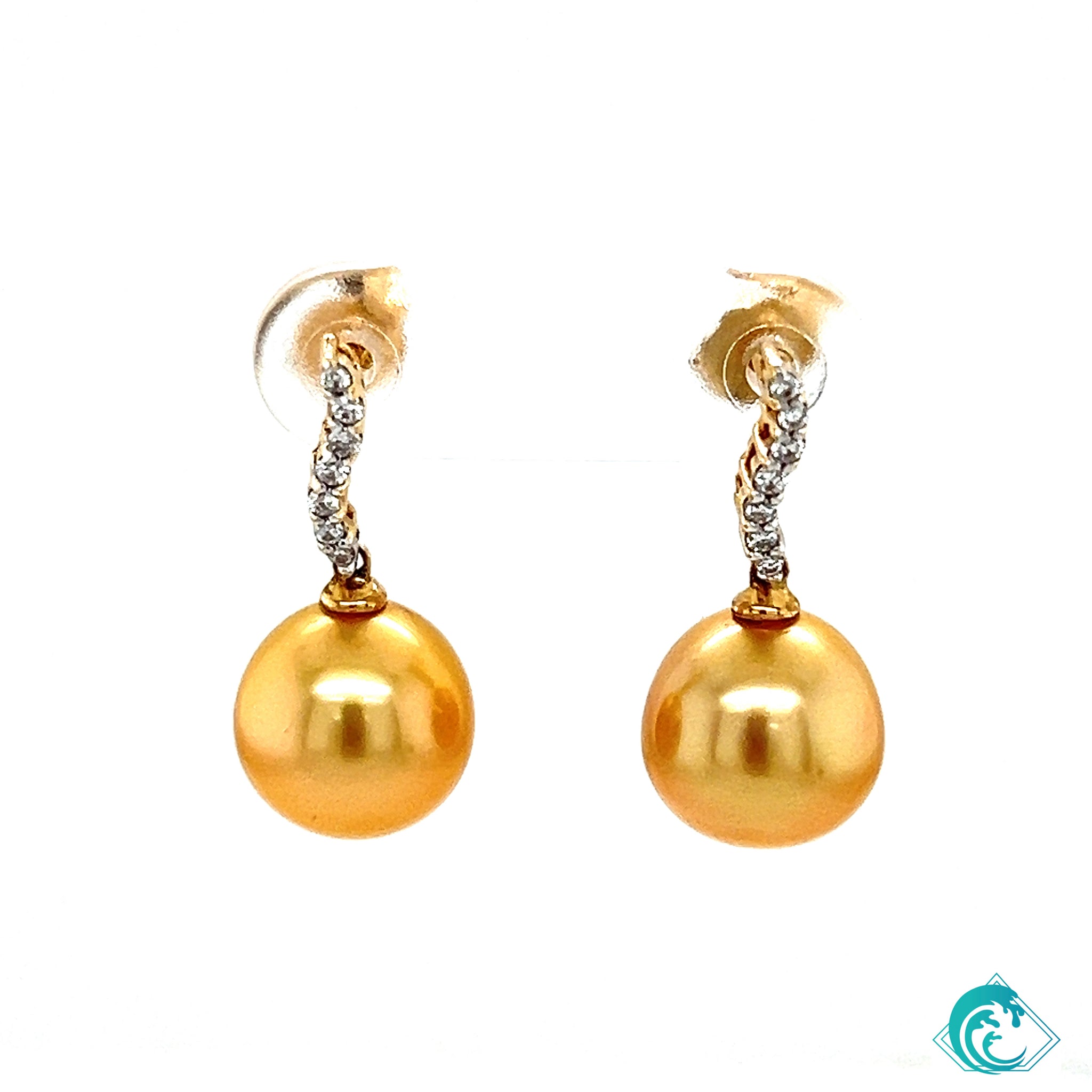 14KY Golden Indonesian Pearl Diamond Swirl Earrings