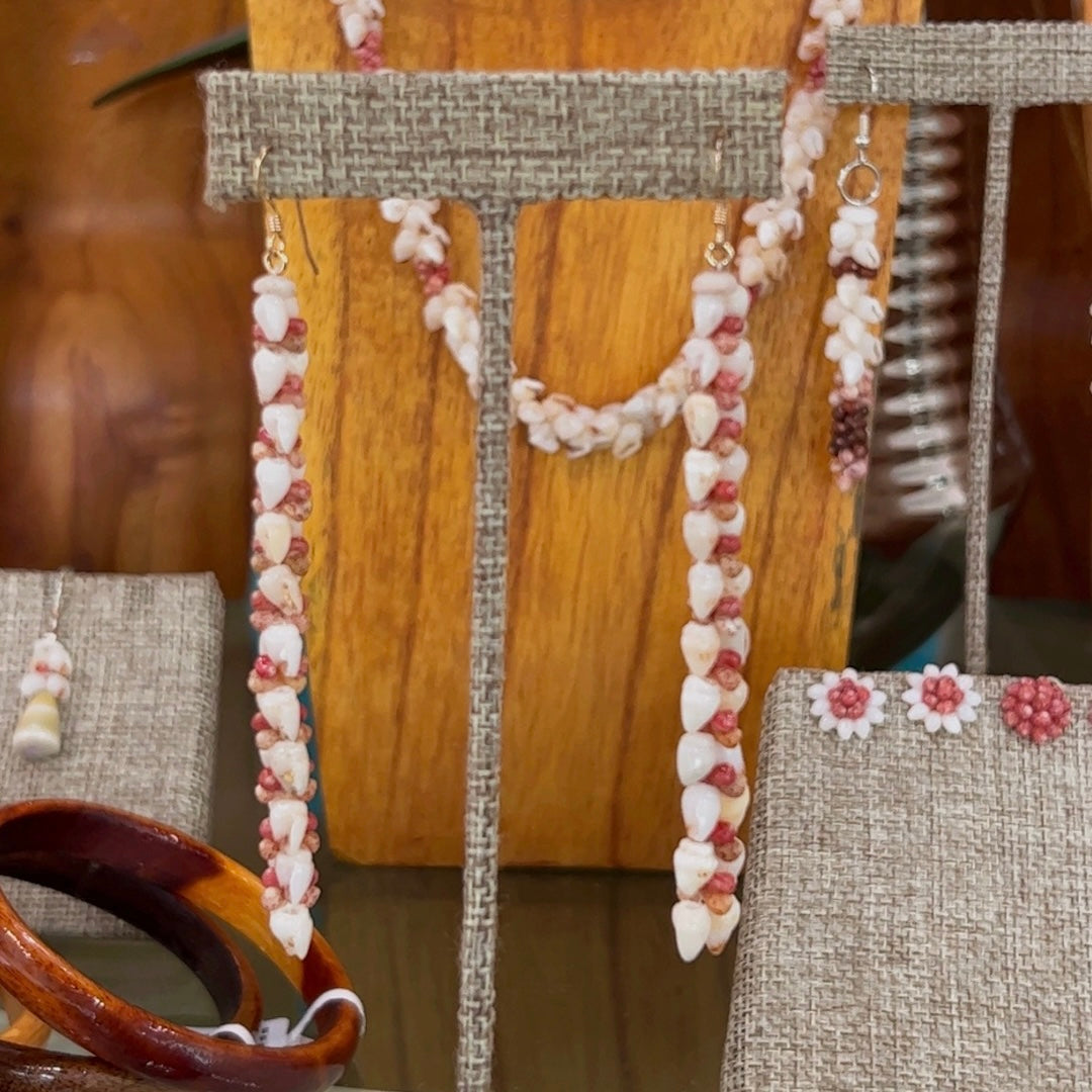 Heliconia Style Kahelelani & Momi Shell Earrings from Ni'ihau 3"
