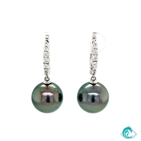 18KW Tahitian Pearl Diamond Hoop Earrings