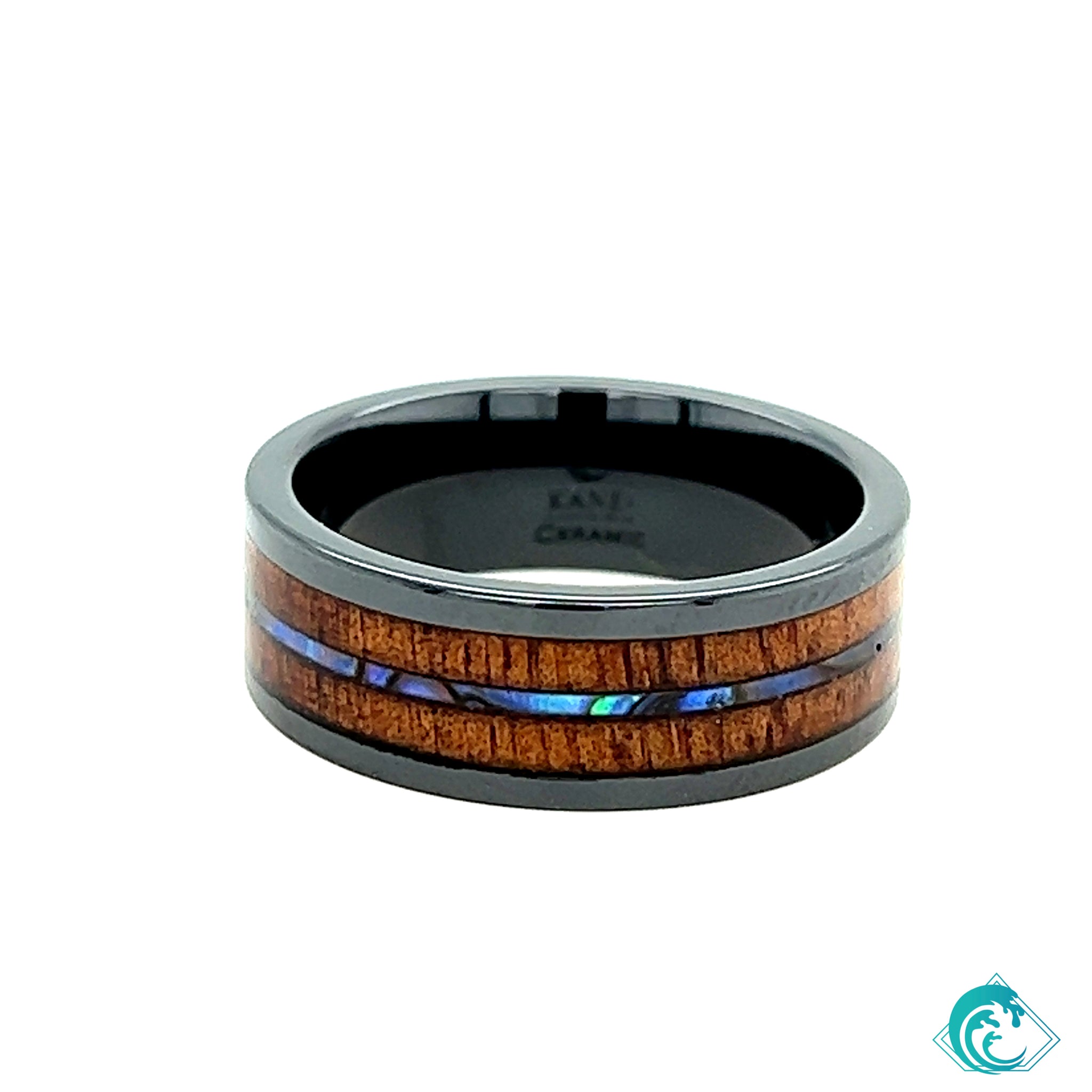 8mm Black Ceramic Pipe Cut Koa Wood Band with Abalone Inlay