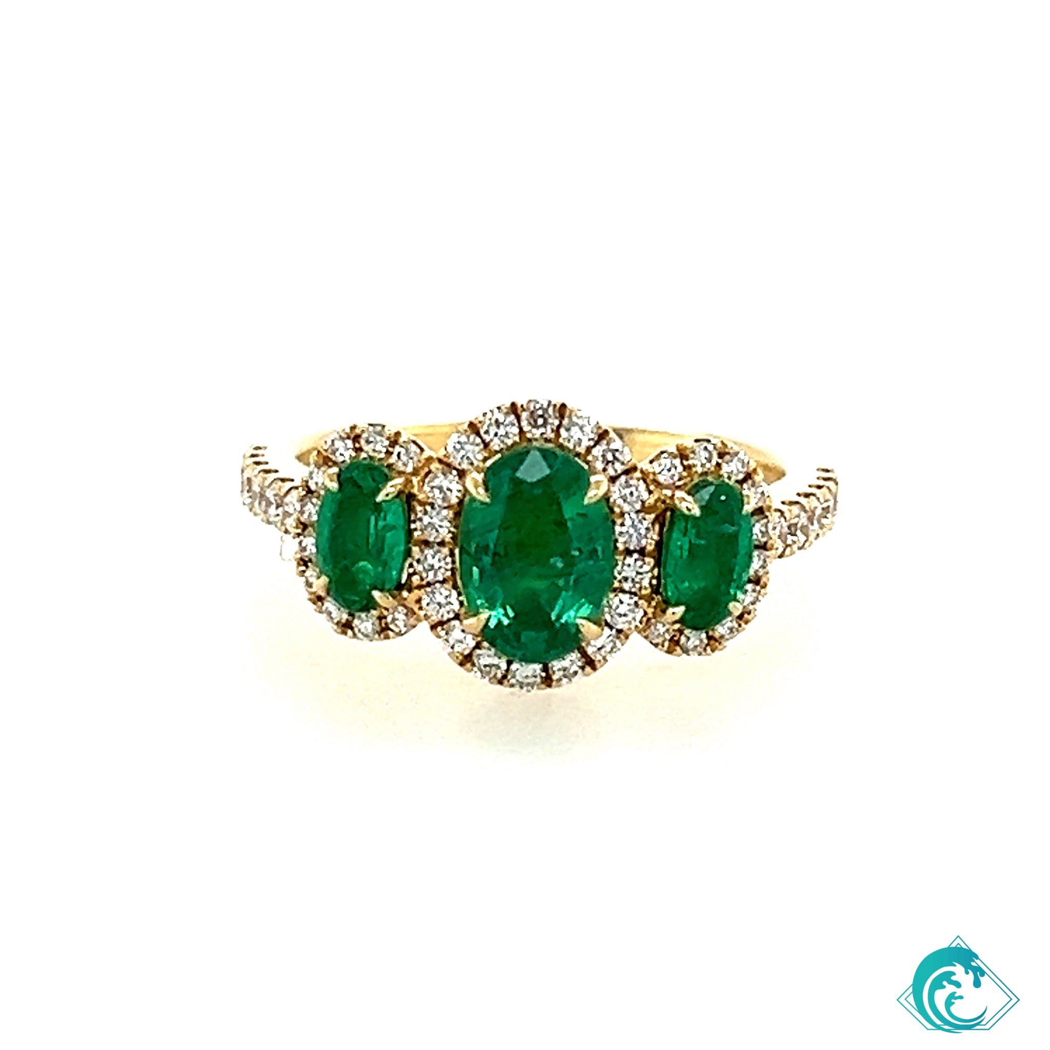 18K YG Three Stone Emerald and Diamond Ring
