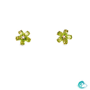 18KY Peridot Flower Diamond Stud Earrings