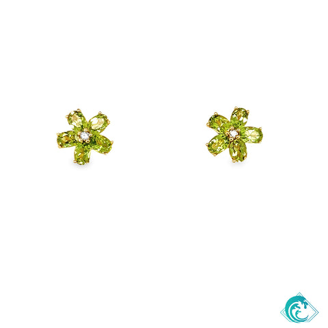 18KY Peridot Flower Diamond Stud Earrings