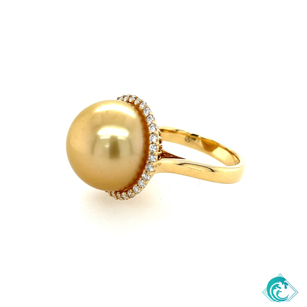 18KY Golden Indonesian Pearl Diamond Halo Ring