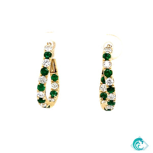 14KY Emerald Diamond Hoop Earrings