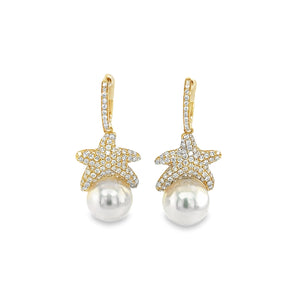 14KY Australian Pearl Diamond Starfish Earrings