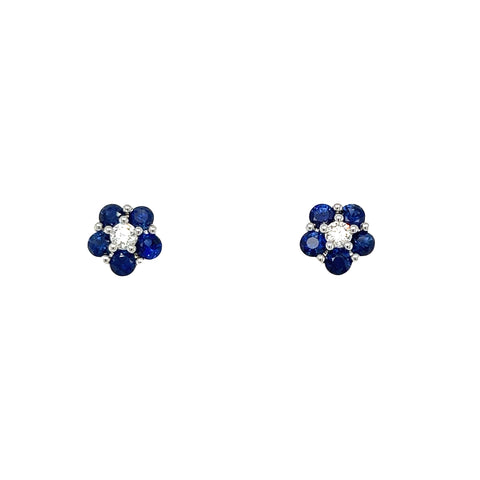18KW Blue Sapphire Flower Diamond Studs